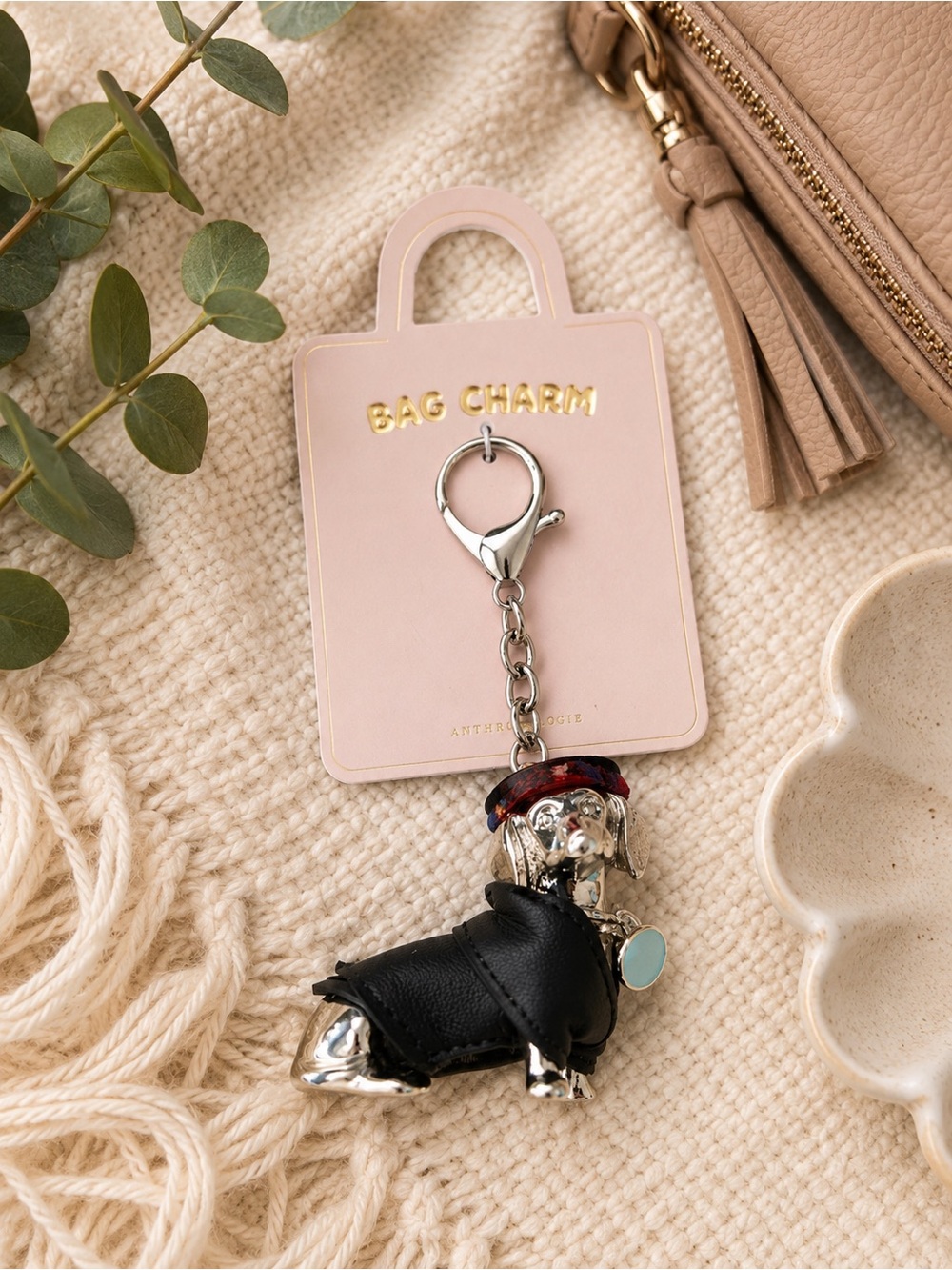 Anthropologie Dachshund Dog Bag Charm with Black Coat and Red Hat